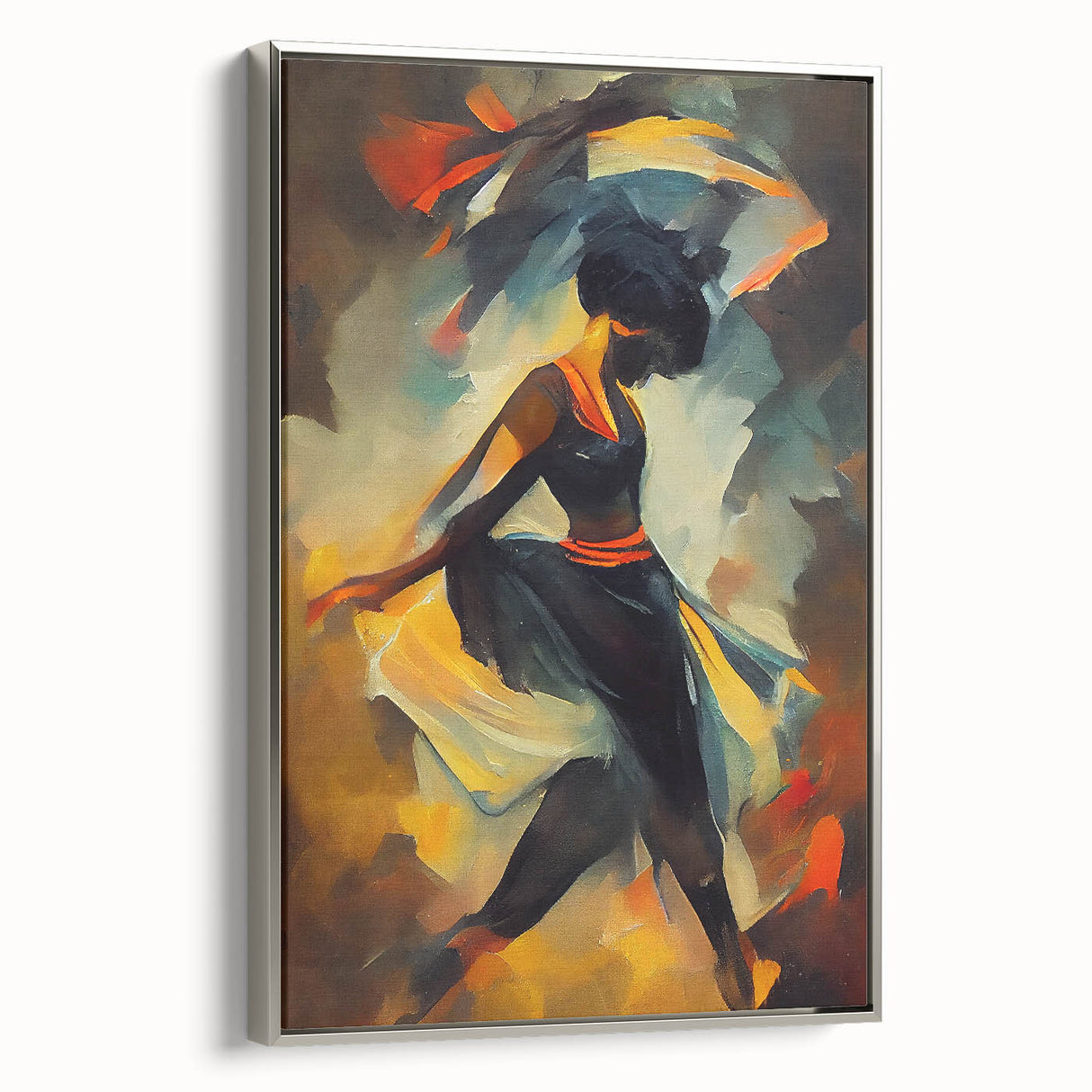 Framed abstract figurative wall art showcasing a dynamic design with silver accents, displayed in a modern setting emphasizing elegance and style.