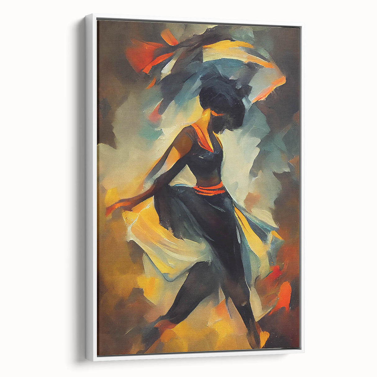 Abstract figurative design wall art collection featuring a modern, colorful composition in a sleek white frame, showcasing vibrant shapes and textures.