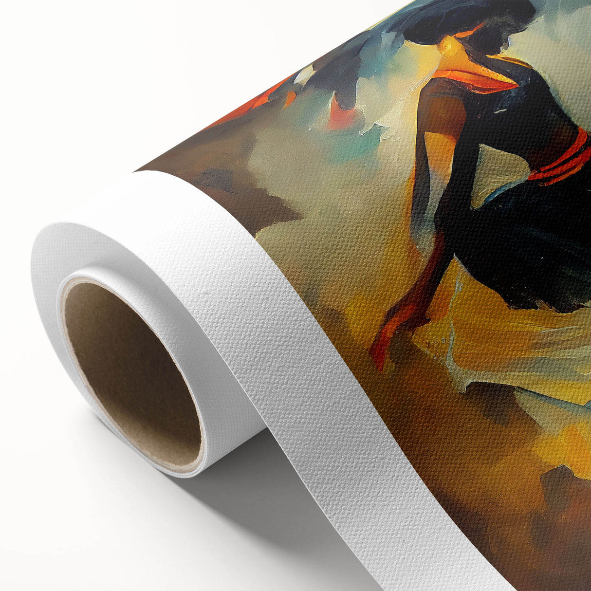 Colorful abstract figurative wall art on rolled canvas showcasing dynamic shapes and fluid lines, ideal for modern home decor.