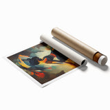 Abstract figurative wall art print showcasing vibrant colors and fluid shapes, rolled for easy shipping and display in modern interiors.