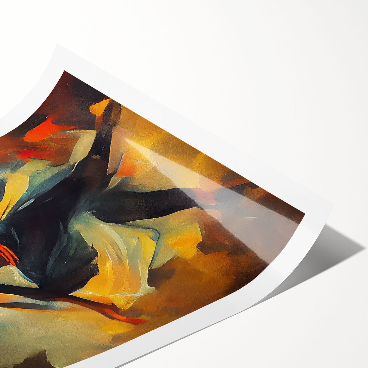 Abstract figurative wall art print showcasing vibrant colors and dynamic shapes, ideal for modern decor, rolled for easy framing and shipping.