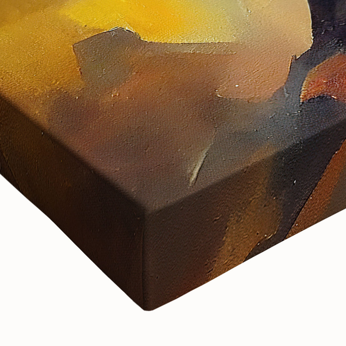 Close-up of a stretched canvas wall art piece featuring an abstract figurative design in vibrant colors, ideal for modern home decor.