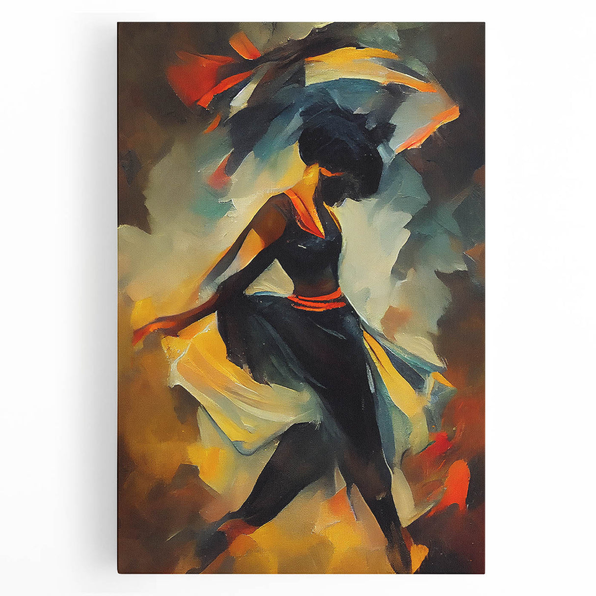 Abstract figurative wall art print on stretched canvas, showcasing vibrant colors and dynamic shapes, perfect for modern home decor.