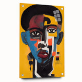 Abstract figurative wall art design on acrylic glass showcases vibrant colors and dynamic shapes, elegantly displayed with stylish pins.