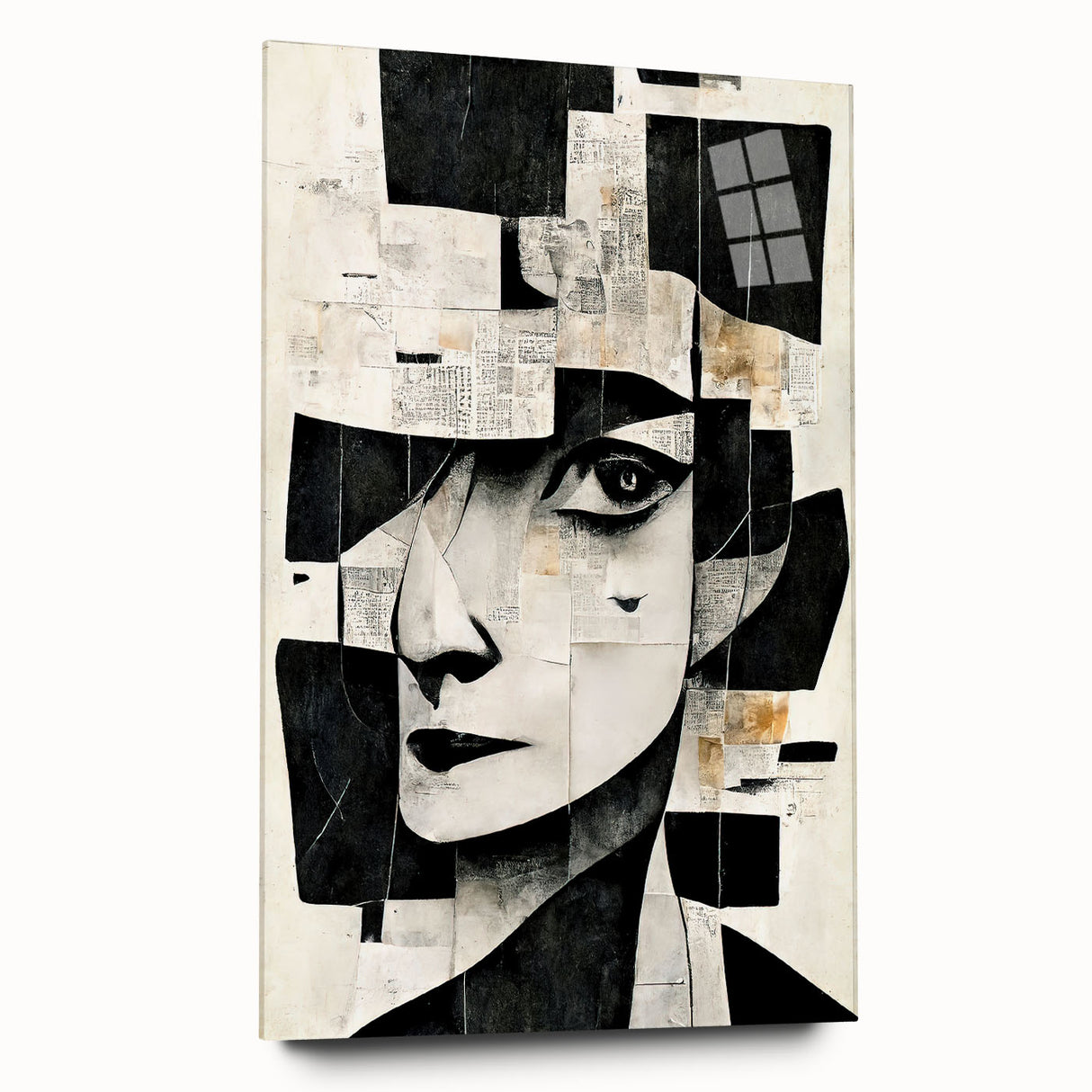 Abstract figurative wall art design displayed in an acrylic glass frame, showcasing vibrant colors and dynamic shapes, perfect for modern decor.
