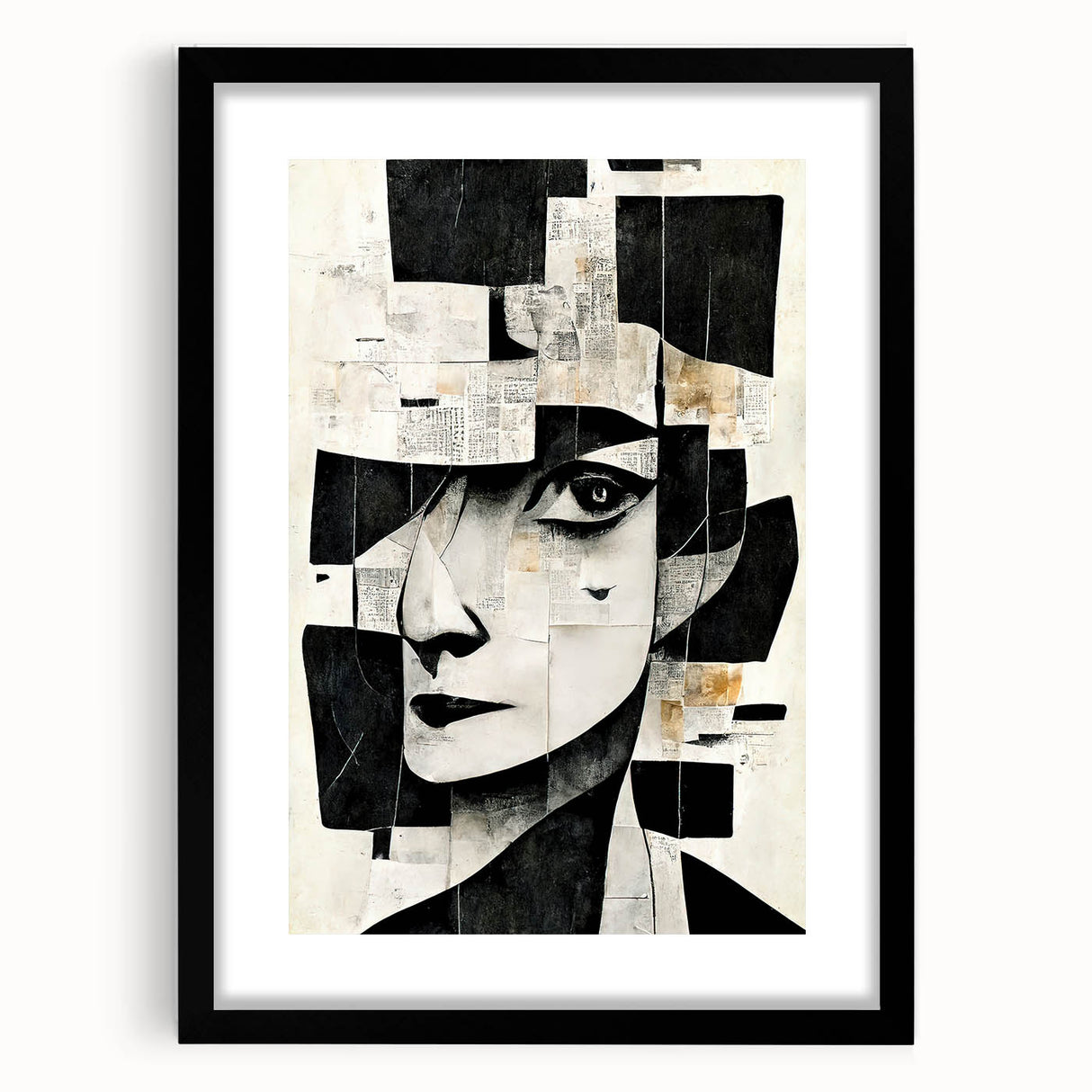 Framed abstract figurative wall art design featuring vibrant colors and unique shapes, elegantly displayed with a black mat for a modern aesthetic.