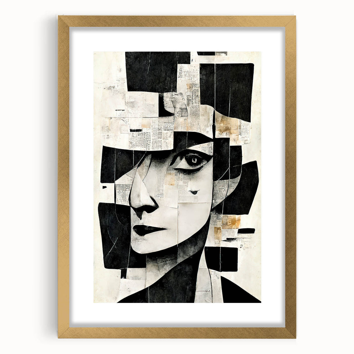 Abstract figurative wall art design in a gold frame with a white mat, showcasing vibrant colors and dynamic shapes for modern decor.