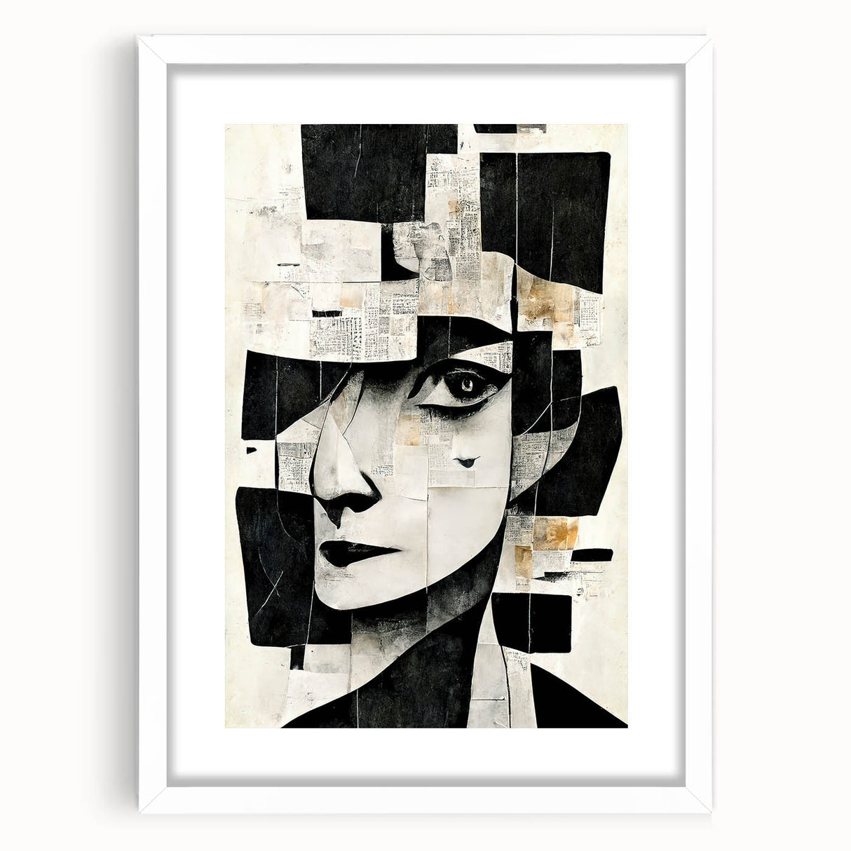 Abstract figurative wall art design framed with a white mat, showcasing vibrant colors and dynamic shapes, perfect for modern decor.