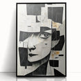 Framed abstract figurative wall art design showcasing vibrant colors and dynamic shapes, set in a sleek black frame for modern decor.