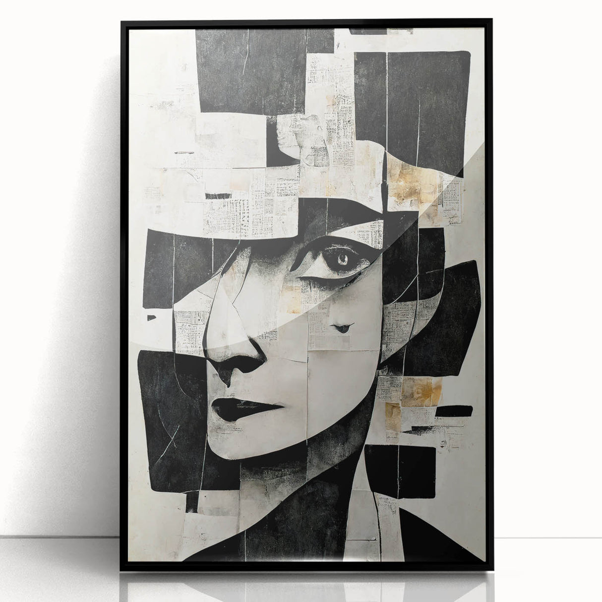 Framed abstract figurative wall art design showcasing vibrant colors and dynamic shapes, set in a sleek black frame for modern decor.