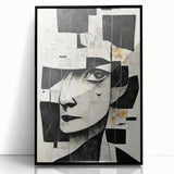 Framed abstract figurative wall art design showcasing vibrant colors and dynamic shapes, set in a sleek black frame for modern decor.