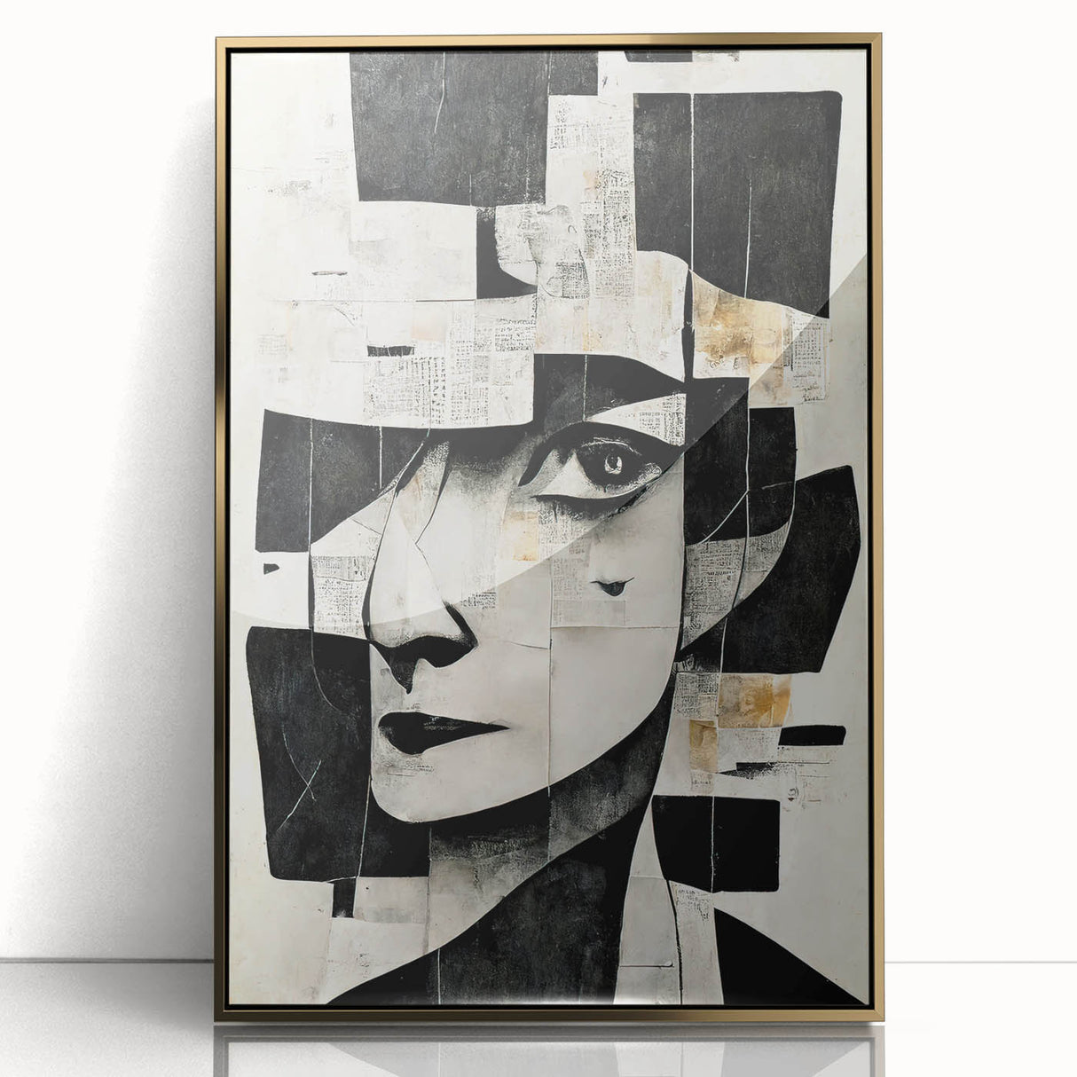 Framed abstract figurative wall art design showcasing bold gold hues and dynamic shapes, enhancing modern decor aesthetics.