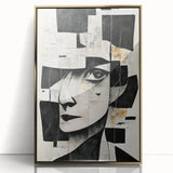 Framed abstract figurative wall art design showcasing bold gold hues and dynamic shapes, enhancing modern decor aesthetics.