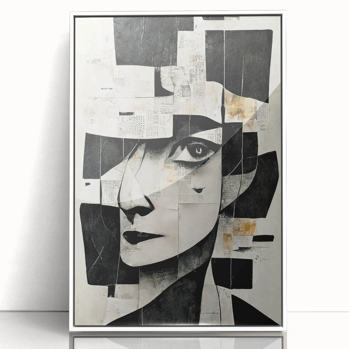 Framed abstract figurative wall art in a sleek white frame, showcasing vibrant colors and dynamic shapes, perfect for modern decor.