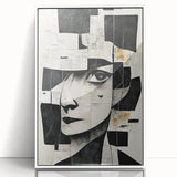 Framed abstract figurative wall art in a sleek white frame, showcasing vibrant colors and dynamic shapes, perfect for modern decor.