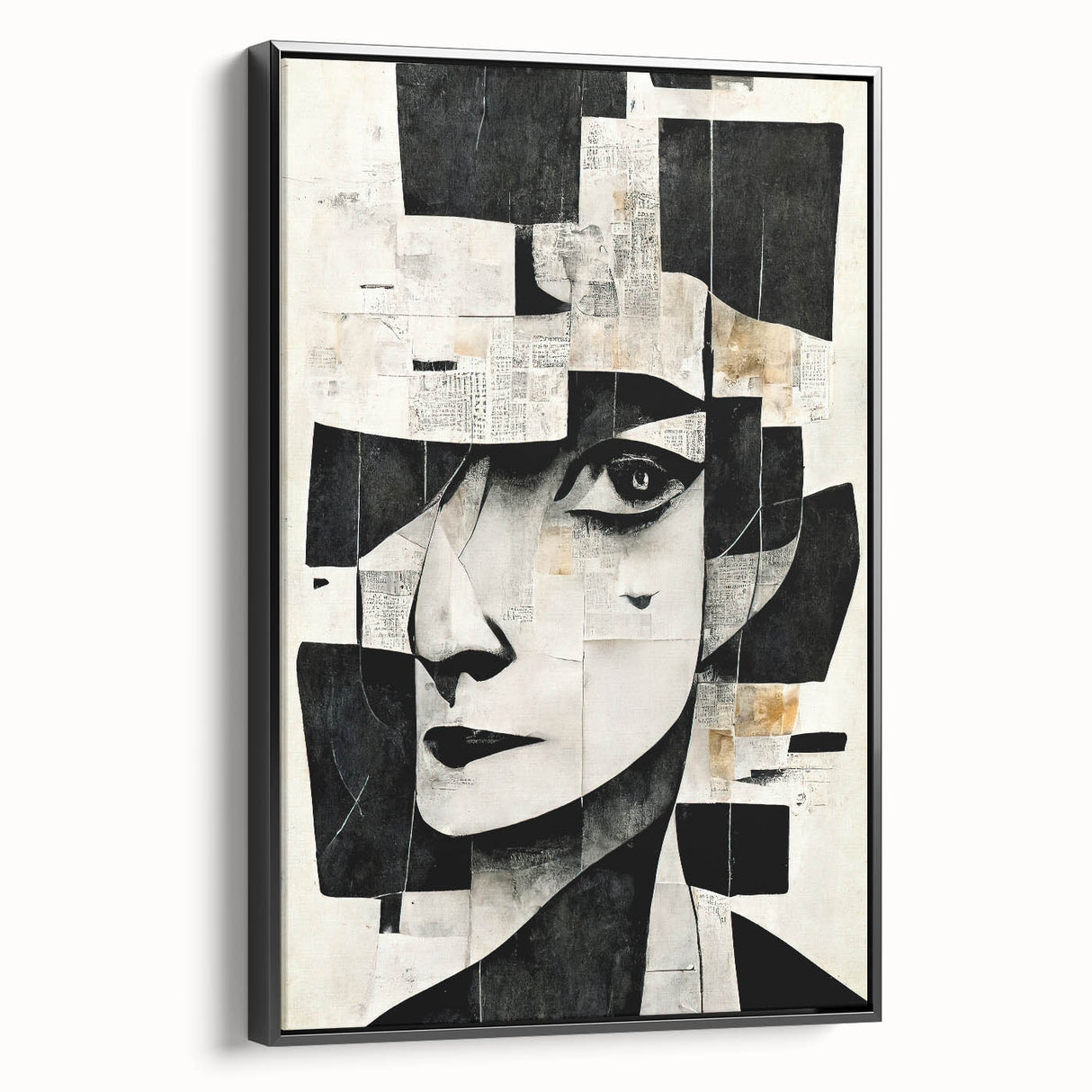 Framed abstract figurative wall art design showcasing vibrant colors and unique shapes, presented in a sleek black frame from a side view.