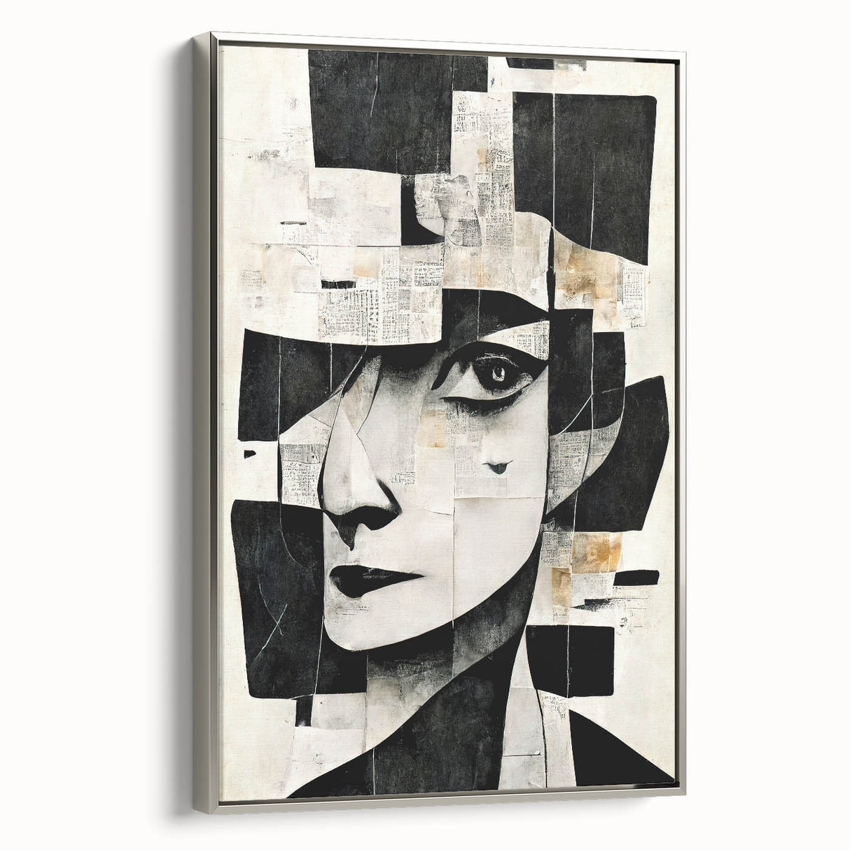 Framed abstract figurative wall art in silver, showcasing dynamic shapes and colors, ideal for modern home decor and artistic expression.