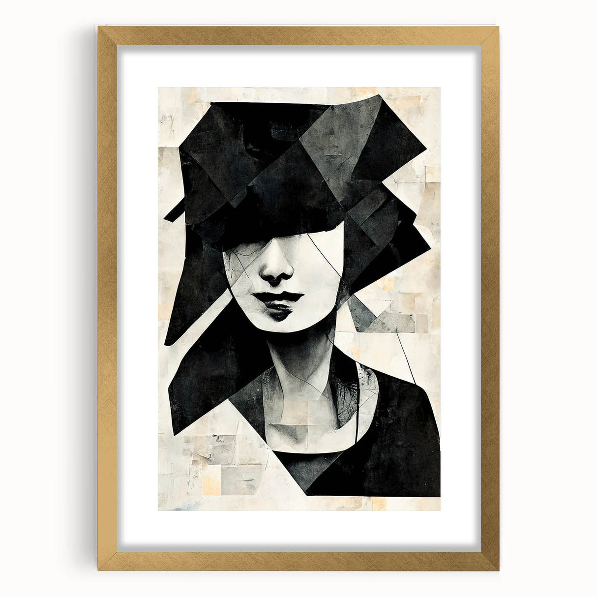 Framed abstract figurative wall art design with gold matting, showcasing vibrant colors and unique shapes, perfect for contemporary decor.