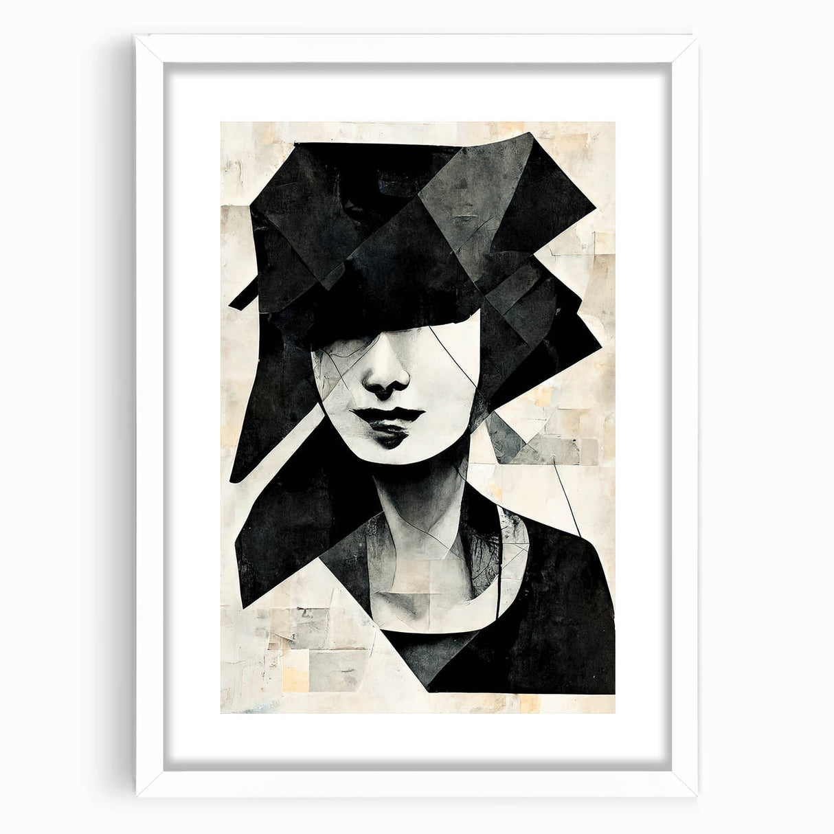 Abstract figurative wall art design in a white frame with a mat, showcasing vibrant colors and modern artistic elements, ideal for home decor.