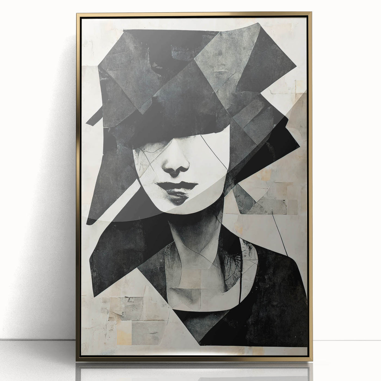 Framed abstract figurative wall art design featuring vibrant gold accents and modern shapes, perfect for contemporary home decor.