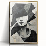 Framed abstract figurative wall art design featuring vibrant gold accents and modern shapes, perfect for contemporary home decor.