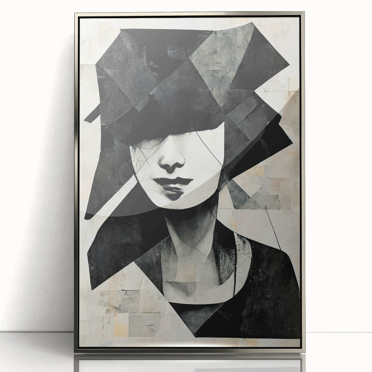 Framed abstract figurative wall art in silver acrylic, showcasing vibrant shapes and colors, perfect for modern decor accents.