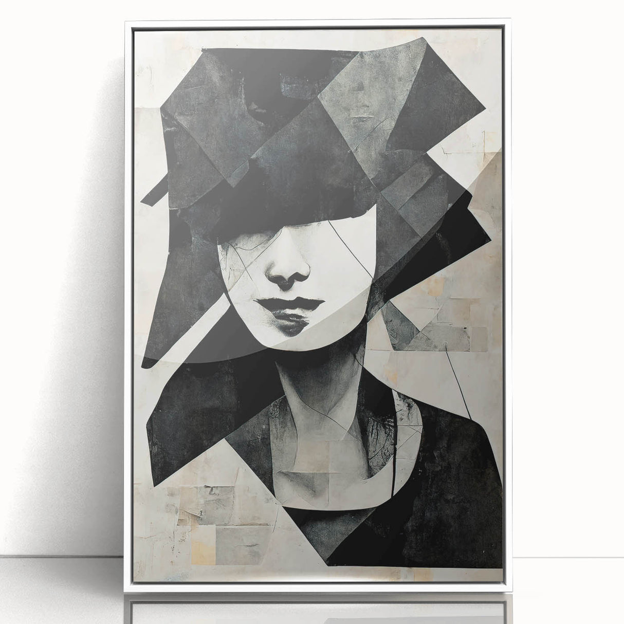 Framed abstract figurative wall art design in a sleek white frame, showcasing vibrant colors and dynamic shapes, perfect for modern decor.