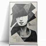 Framed abstract figurative wall art design in a sleek white frame, showcasing vibrant colors and dynamic shapes, perfect for modern decor.