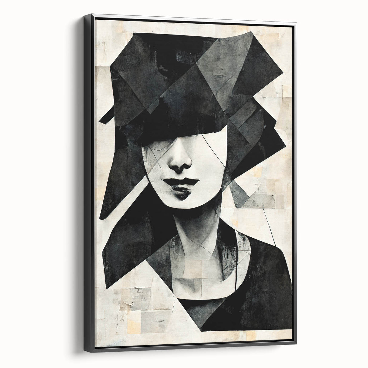 Framed abstract figurative wall art in a modern black frame, showcasing vibrant colors and dynamic shapes, ideal for contemporary decor.