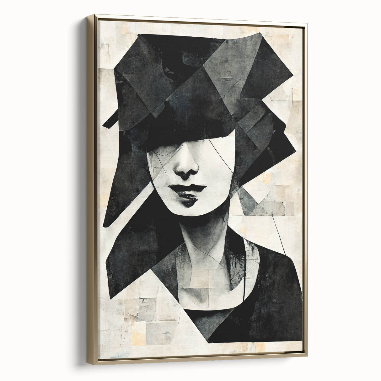 Framed abstract figurative wall art design showcasing gold and deep blue tones, elegantly displayed in a sleek white frame, perfect for modern decor.