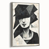 Framed abstract figurative wall art design showcasing vibrant colors and dynamic shapes, set in a sleek silver frame, side view.