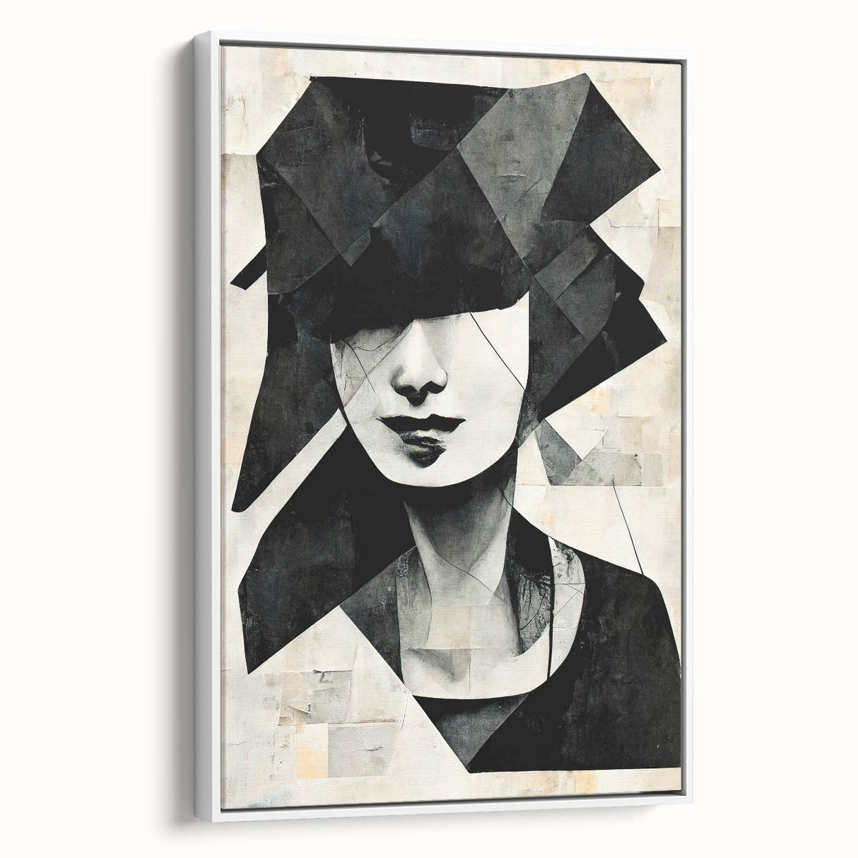 Framed abstract figurative wall art design showcasing vibrant colors and dynamic shapes, displayed against a white background for elegance.