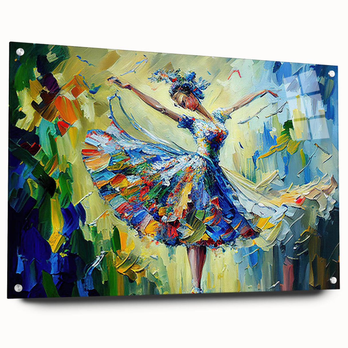 Abstract figurative wall art collection displayed in side view, showcasing vibrant colors and intricate pin details on acrylic glass for modern decor.