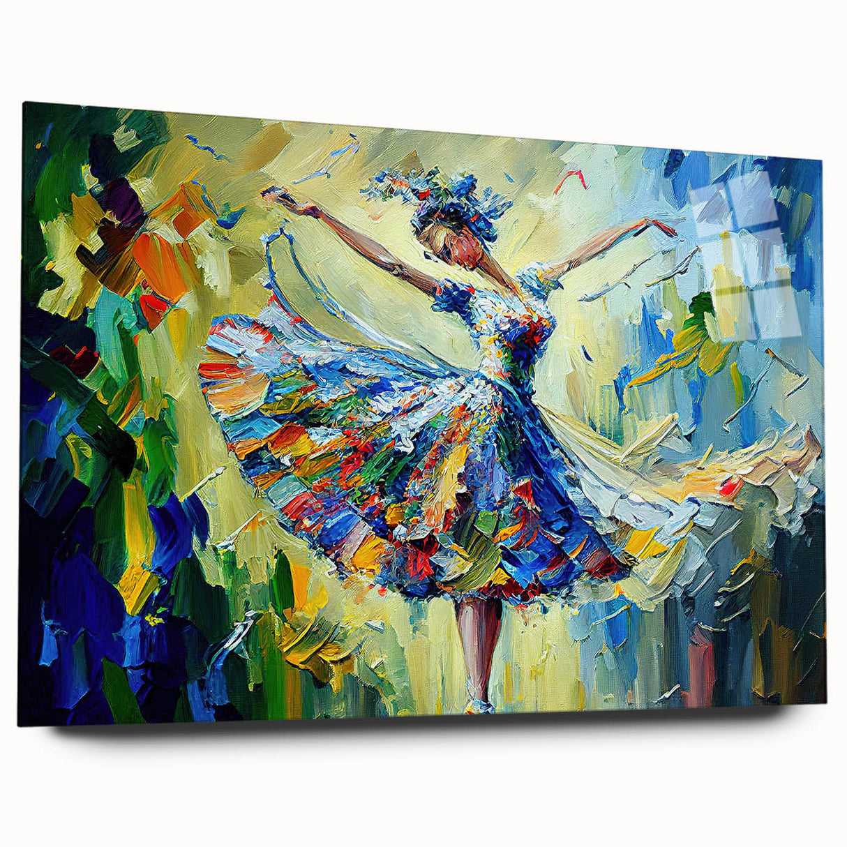 Abstract figurative wall art design on acrylic glass, showcasing vibrant colors and dynamic shapes in a modern side view display without pins.