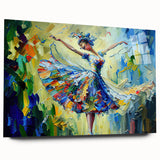 Abstract figurative wall art design on acrylic glass, showcasing vibrant colors and dynamic shapes in a modern side view display without pins.
