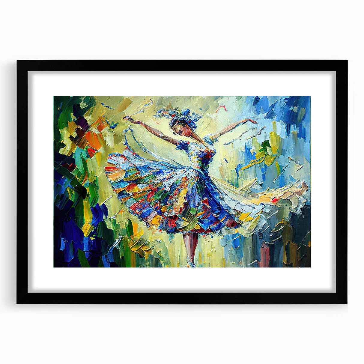 Framed abstract figurative wall art with a black matte finish, showcasing vibrant colors and dynamic shapes, perfect for modern decor.