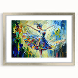 Abstract figurative wall art design in a sleek silver frame with a white mat, showcasing vibrant colors and dynamic shapes, perfect for modern decor.