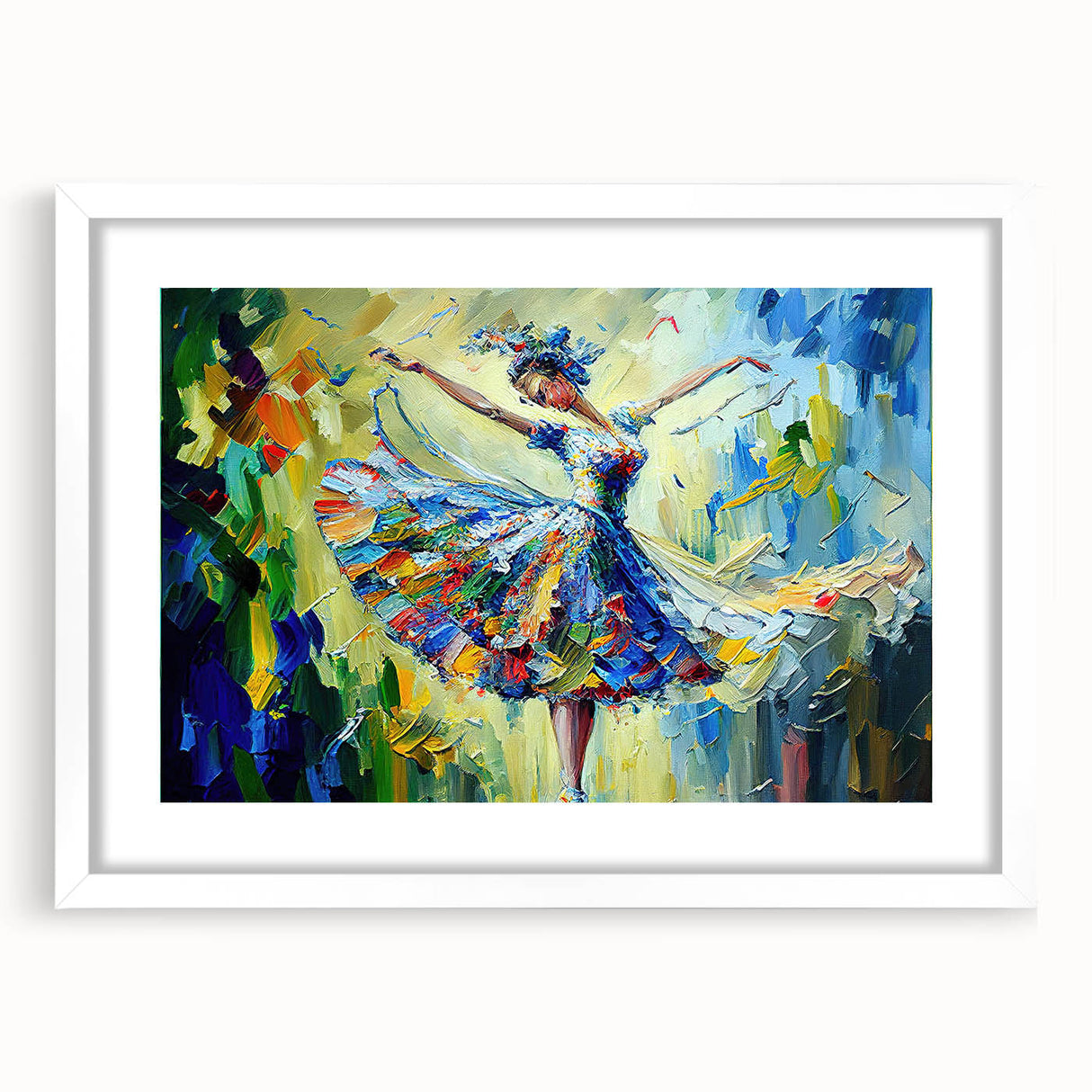 Framed abstract figurative wall art featuring vibrant colors and dynamic shapes, set in a sleek white mat and frame for modern decor.
