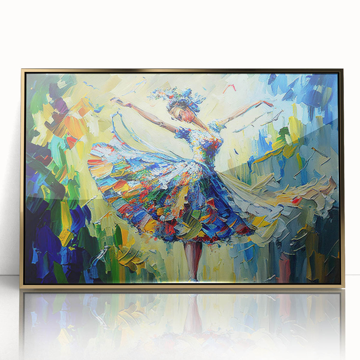 Framed abstract figurative wall art in gold tones, showcasing a dynamic design with flowing shapes and textures, perfect for modern decor.
