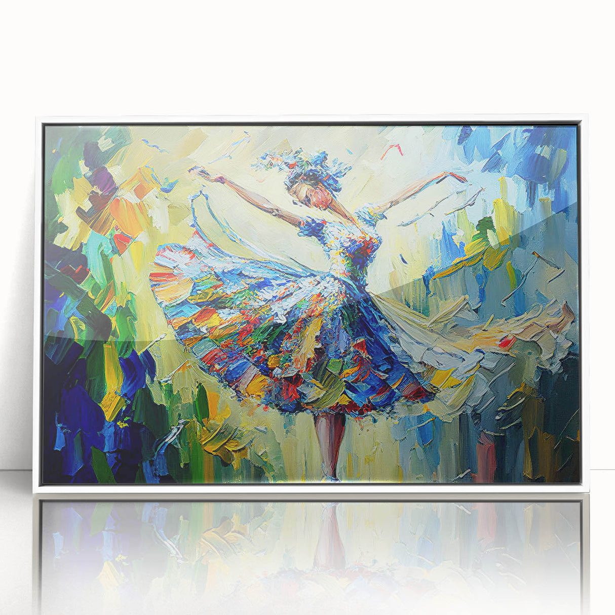 Framed abstract figurative wall art featuring vibrant colors and dynamic shapes, displayed against a clean white background for a modern aesthetic.