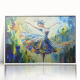 Framed abstract figurative wall art featuring vibrant colors and dynamic shapes, displayed against a clean white background for a modern aesthetic.