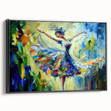 Framed abstract figurative wall art design showcasing vibrant colors and dynamic shapes, presented in a sleek black frame for modern decor.
