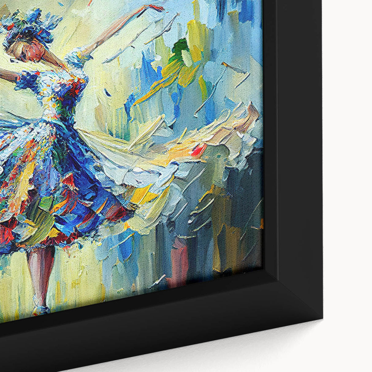 Close-up of a framed abstract figurative wall art piece showcasing vibrant colors and dynamic shapes, enhancing modern decor aesthetics.