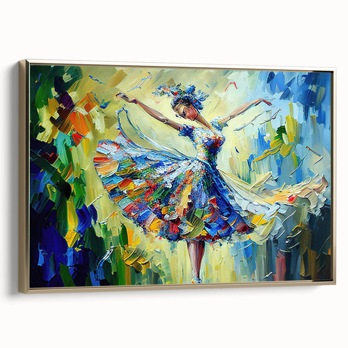 Framed abstract figurative wall art in gold tones, showcasing a modern design with dynamic shapes and textures, perfect for contemporary decor.
