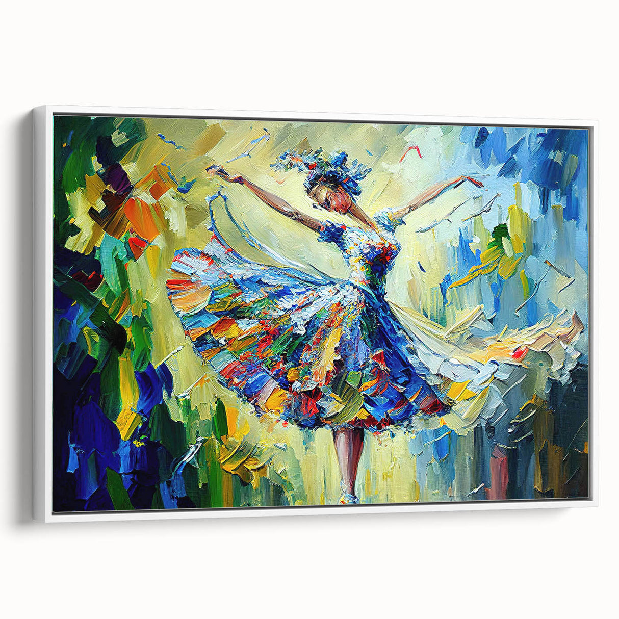Framed abstract figurative wall art in a white frame, showcasing vibrant colors and dynamic shapes, perfect for modern home decor.