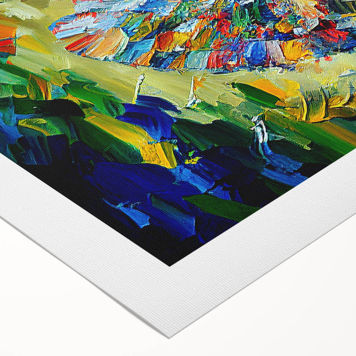 Abstract figurative wall art print on rolled canvas showcasing vibrant colors and fluid shapes, perfect for modern home decor and artistic expression.