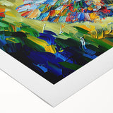 Abstract figurative wall art print on rolled canvas showcasing vibrant colors and fluid shapes, perfect for modern home decor and artistic expression.