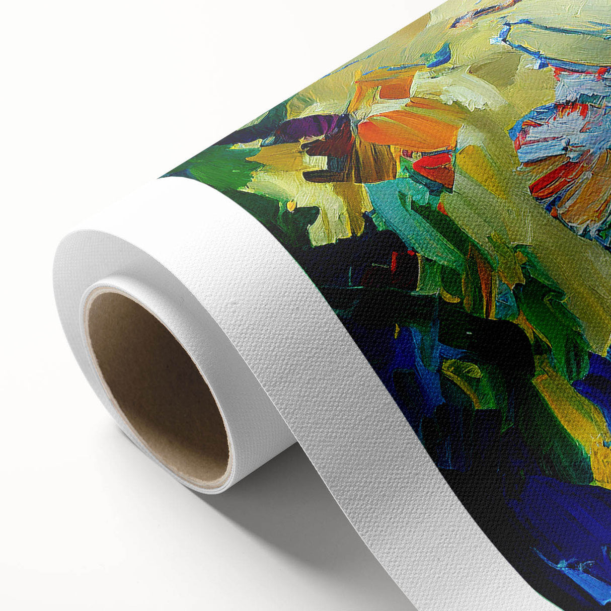 Abstract figurative design wall art on rolled canvas, showcasing vibrant colors and dynamic shapes, perfect for modern home decor.