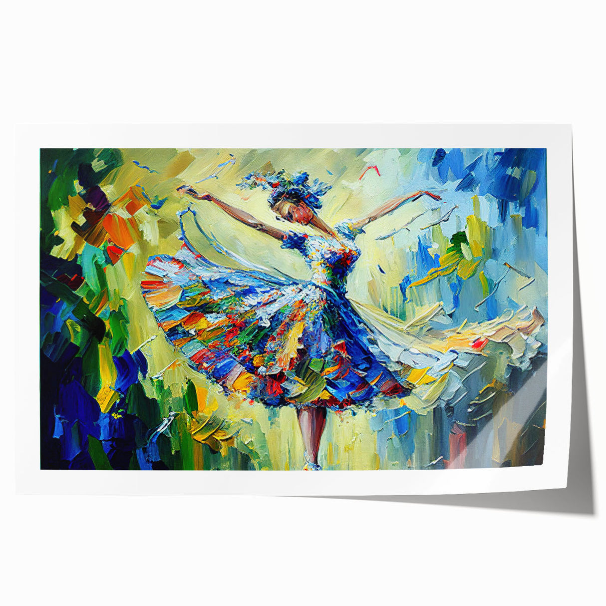 Abstract figurative wall art print showcasing vibrant colors and dynamic shapes, rolled up and ready for framing in a protective tube.
