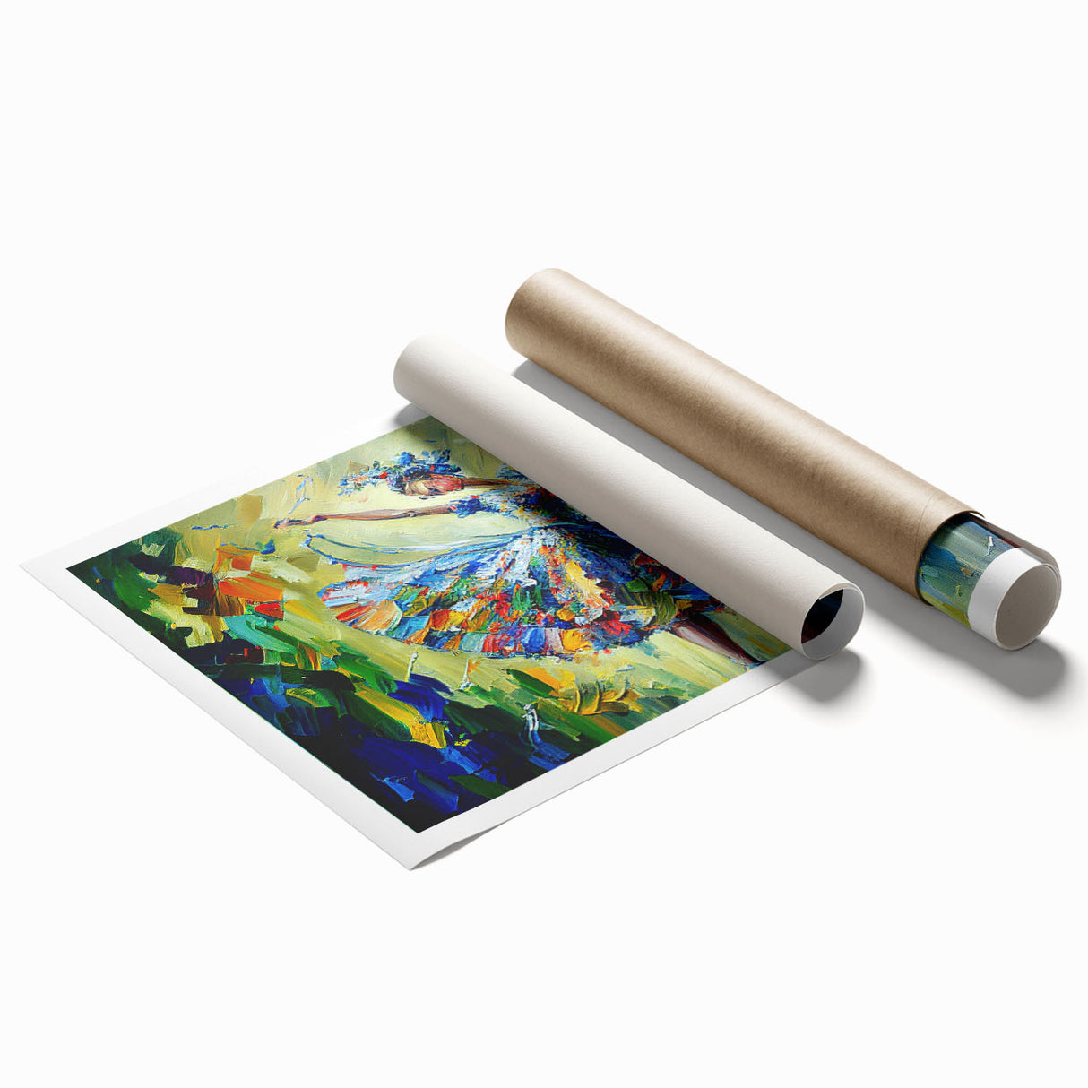 Abstract figurative wall art print showcasing vibrant colors and dynamic shapes, rolled for easy transport and display in any modern space.